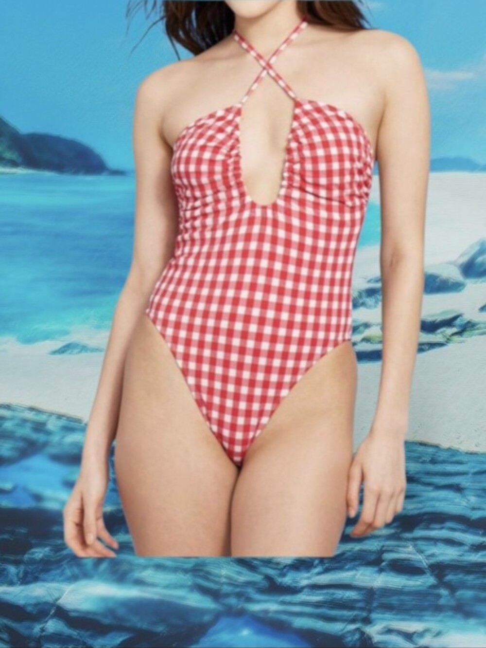 #k38 Red Gingham One-Piece Swimsuit with Crisscross Neck